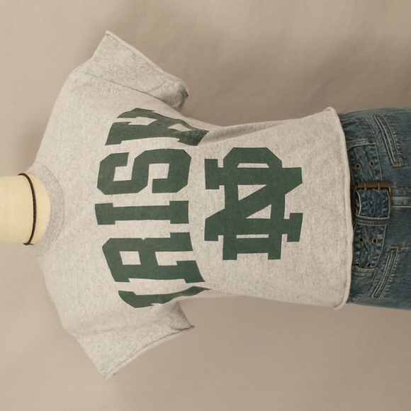 Notre Dame Irish Crop Cut Off Tee Rolled Edge Heather Gray T Shirt Top Made USA - Picture 1 of 8